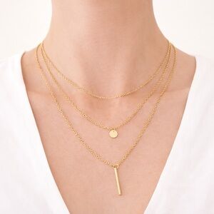 Layered Gold Choker Pendant Necklace | Three-Tier Chain | Circle & Bar Charms